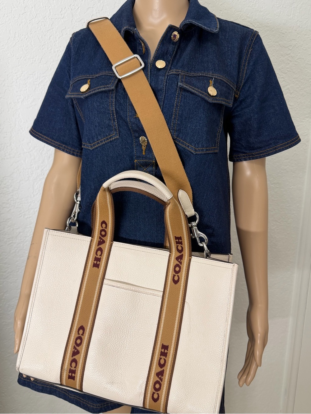 Coach Cream Leather Tote with Branded Tan Strap